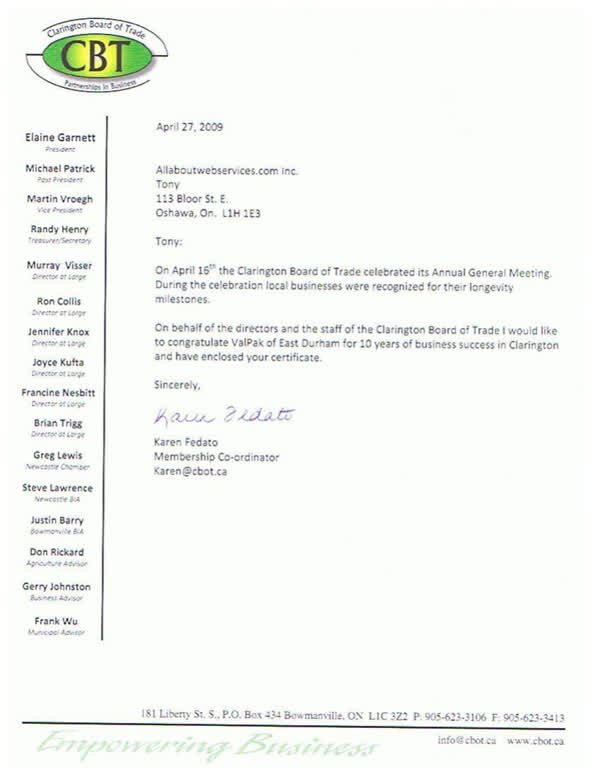 Scanned first page of Clarington Board of Trade