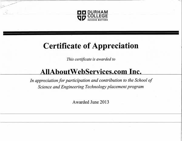Scanned first page of Certificate of Appreciation