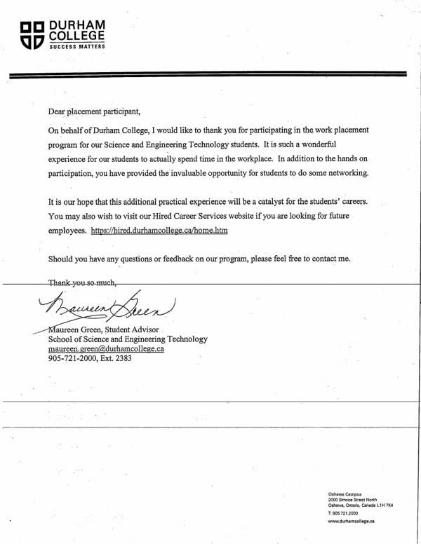 Scanned first page of Placement-program thank-you letter