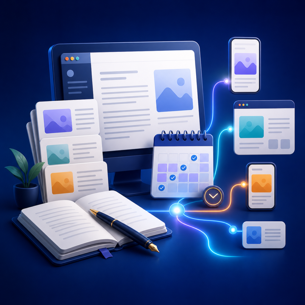 Social text and article writing, scheduling and placement service
