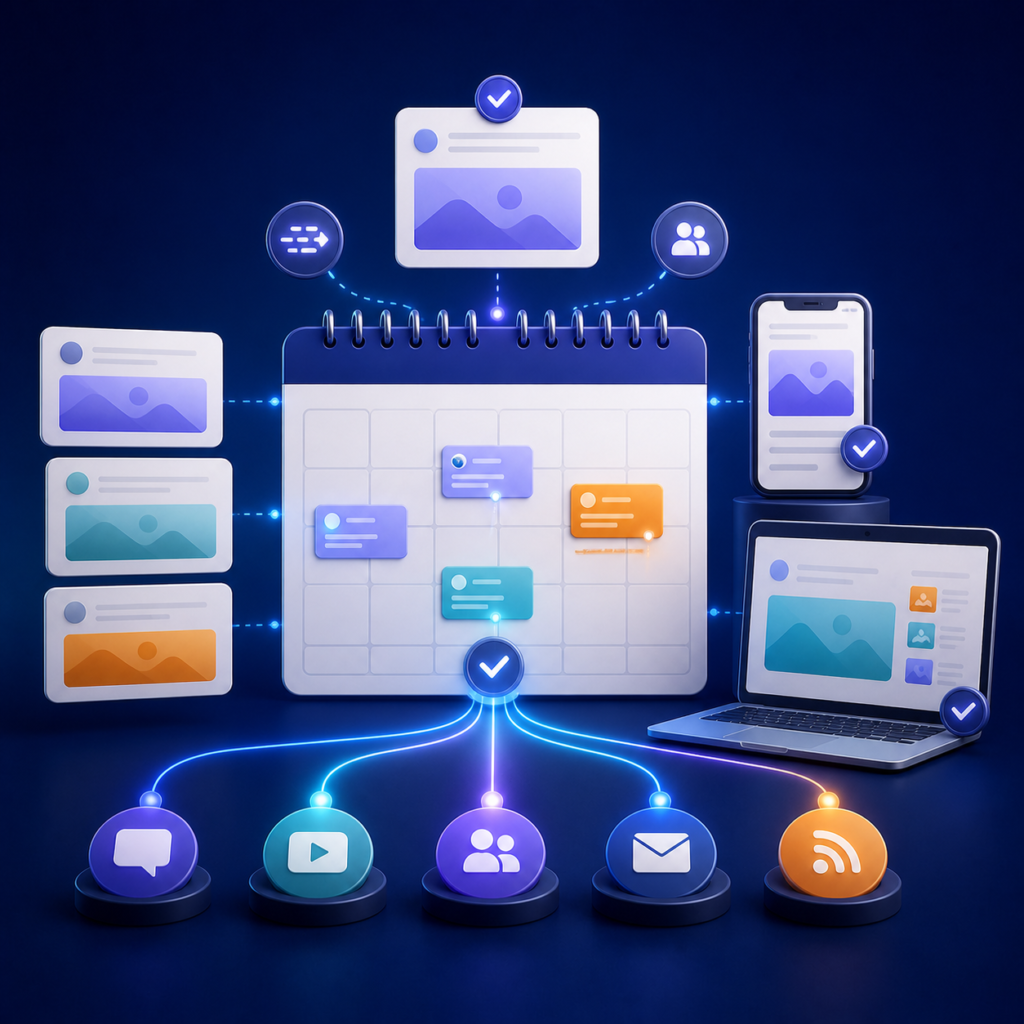 Multi-channel social article scheduling and placement workflow