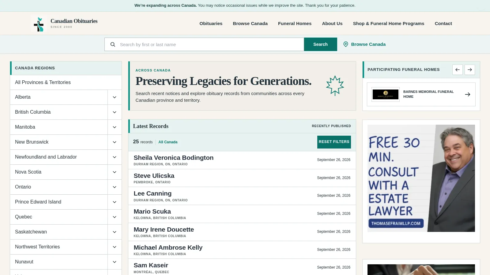 Canadian Obituaries website homepage