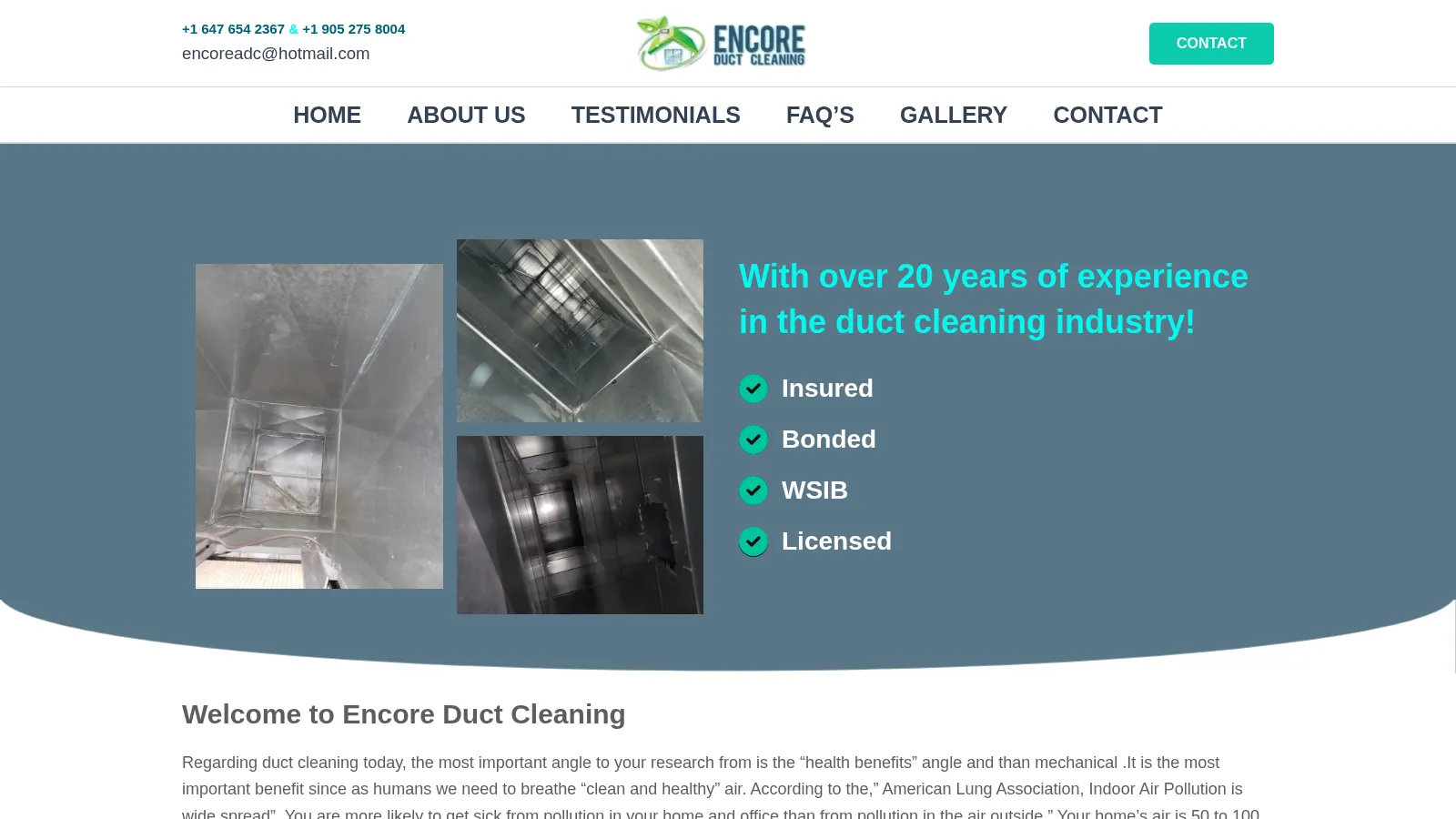 Encore Duct Cleaning website project