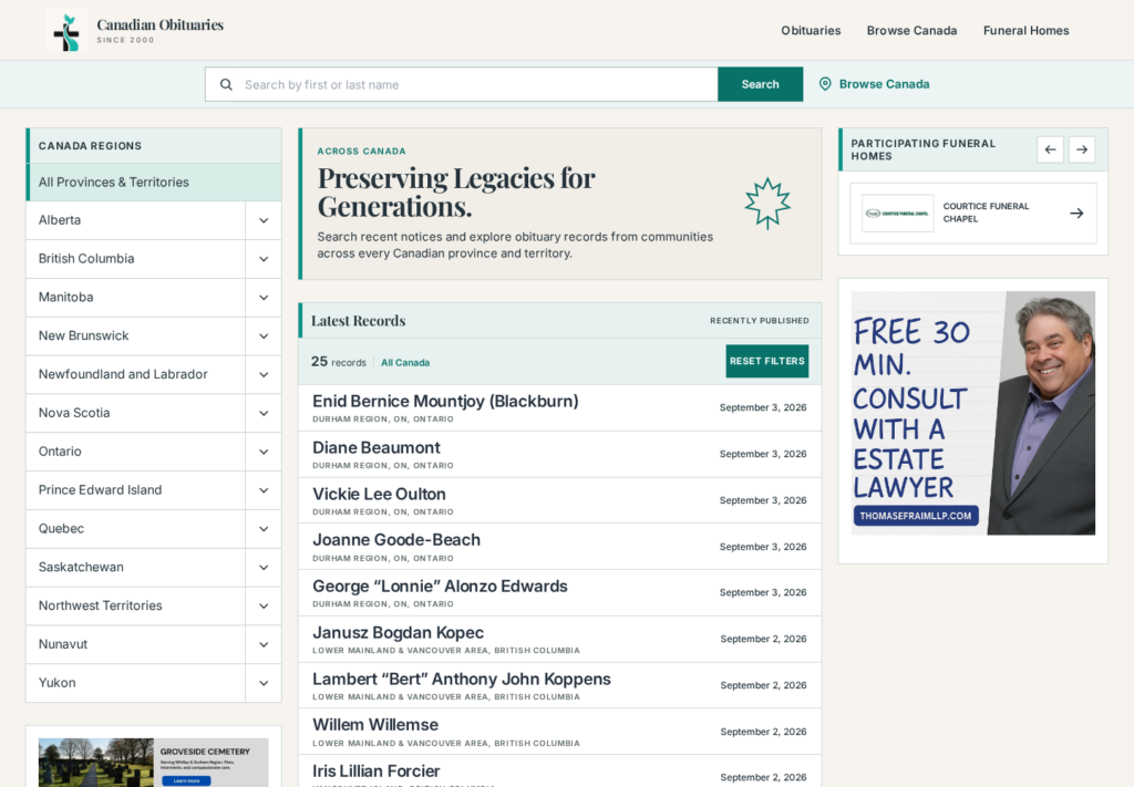 Canadian Obituaries website project