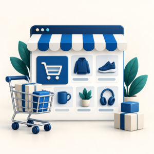 Online storefront with product tiles and a shopping cart for Ecommerce Setup