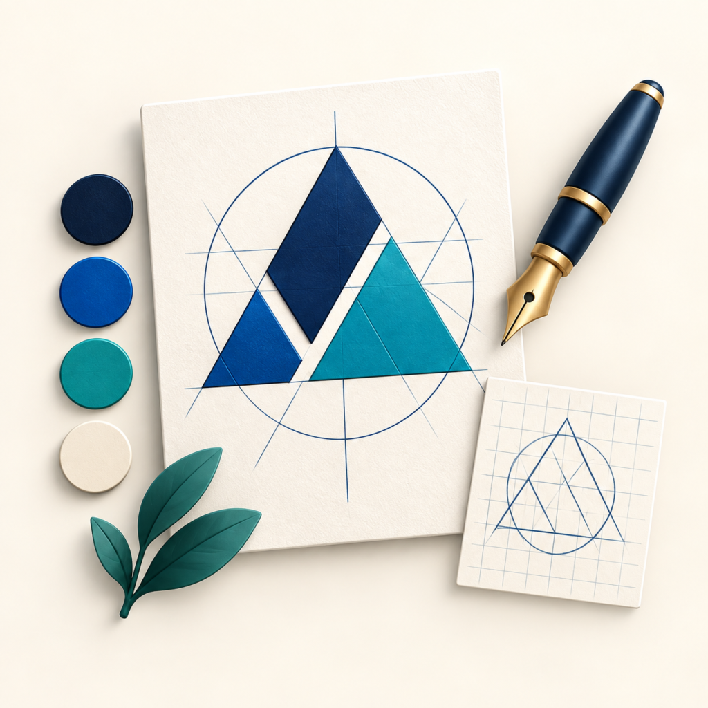 Geometric logo sketches, colour swatches and a pen for Logo Design