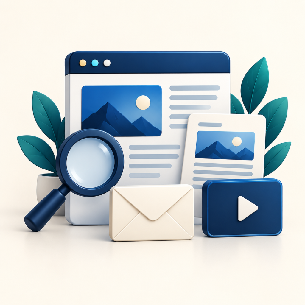 Search, blog, newsletter and video illustration for Premium Website Growth